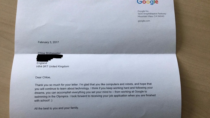 Una niña de 7 años manda una carta a Google pidiendo trabajo y Sundar Pichai le responde
